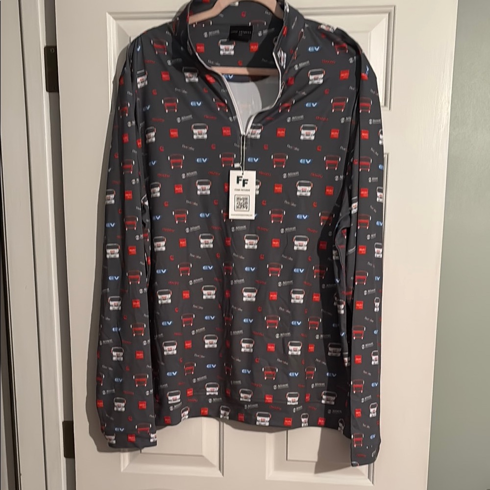 Gray Quarter-Zip Pullover with Red and White Pattern